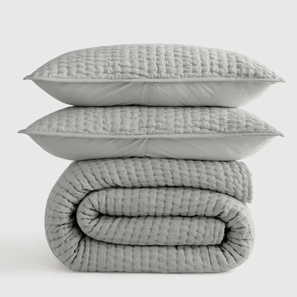 Quince European Linen Cotton Stitch Quilt Set King Cal King Mist Bedding 3pc NEW